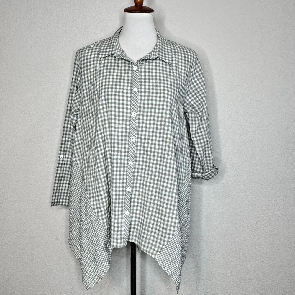 HABITAT Clothes to Live In Tunic Blouse Top SMALL Sage Green Gingham Lagenlook